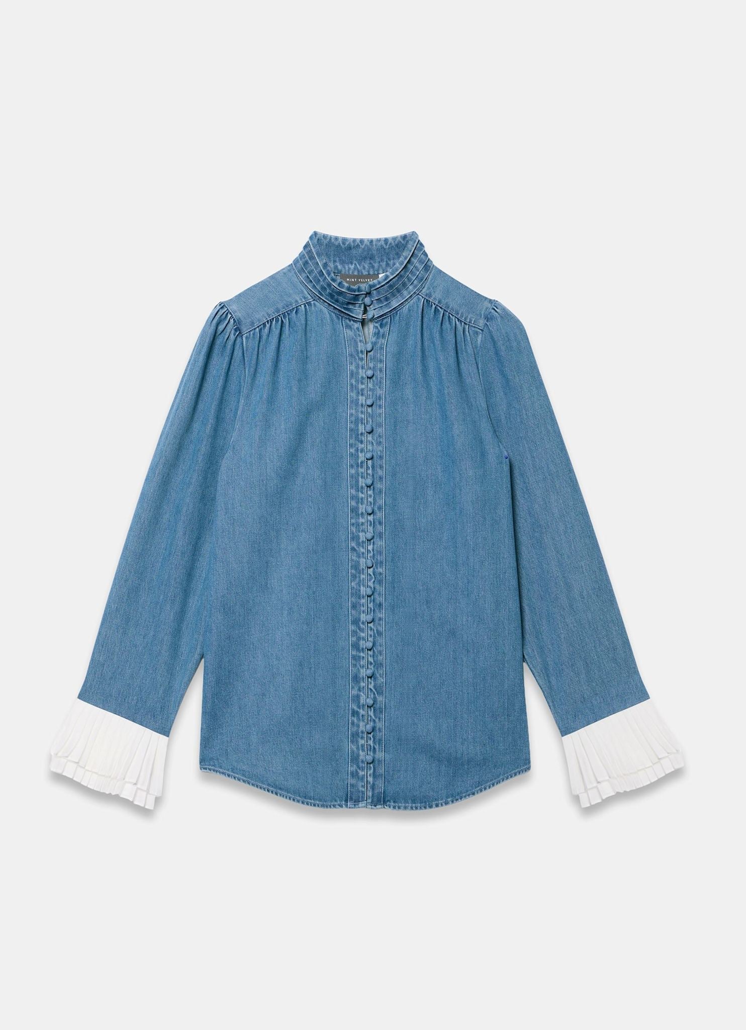 Mid Indigo Denim Contrast Cuff Blouse