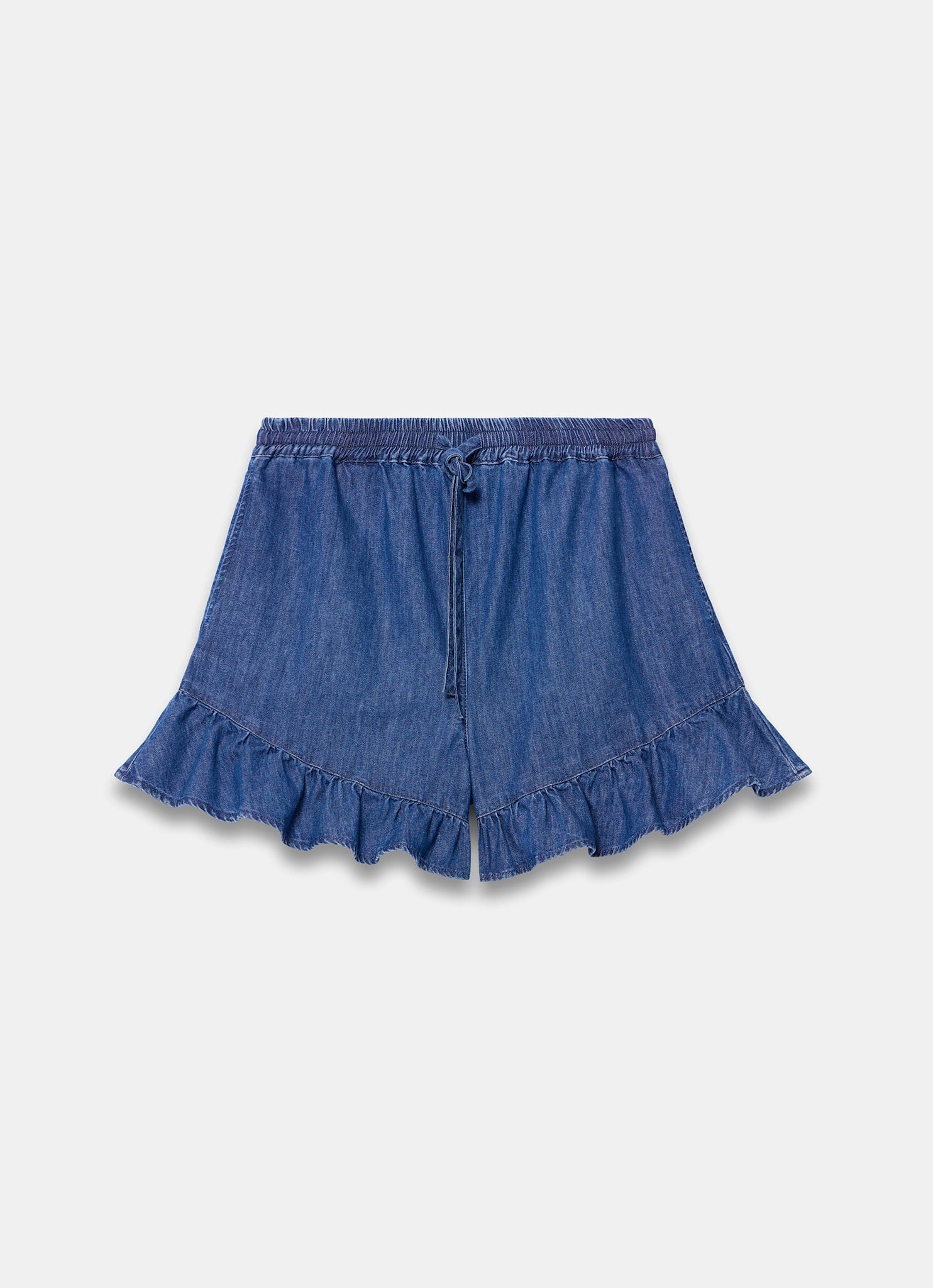 Mid Indigo Denim Ruffle Hem Shorts