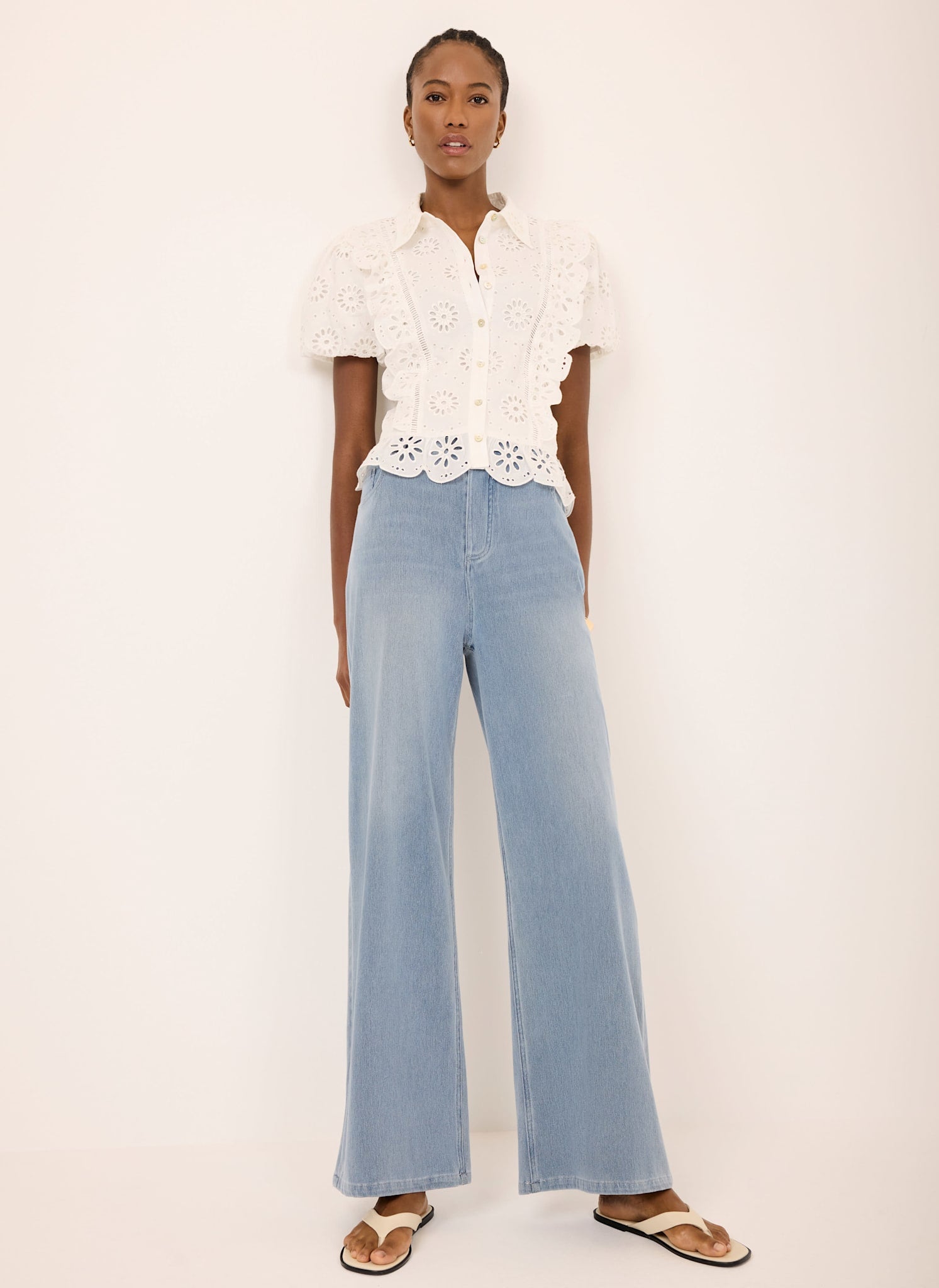 Mid Indigo Stretch Denim Wide Leg Travel Jeans