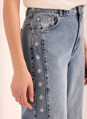 Mid Indigo Floral Embroidered Tapered Jeans