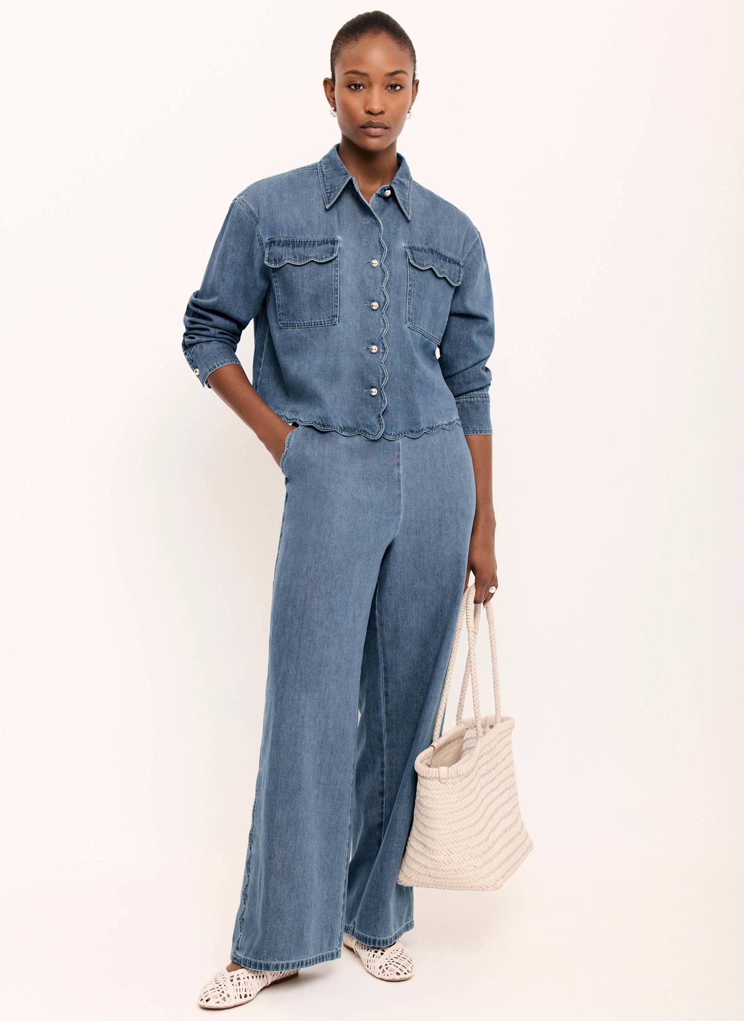 Indigo Scallop Trim Wide Jeans