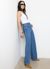 Mid Indigo Swirl Detail Wide Jeans