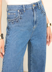 Mid Indigo Swirl Detail Wide Jeans