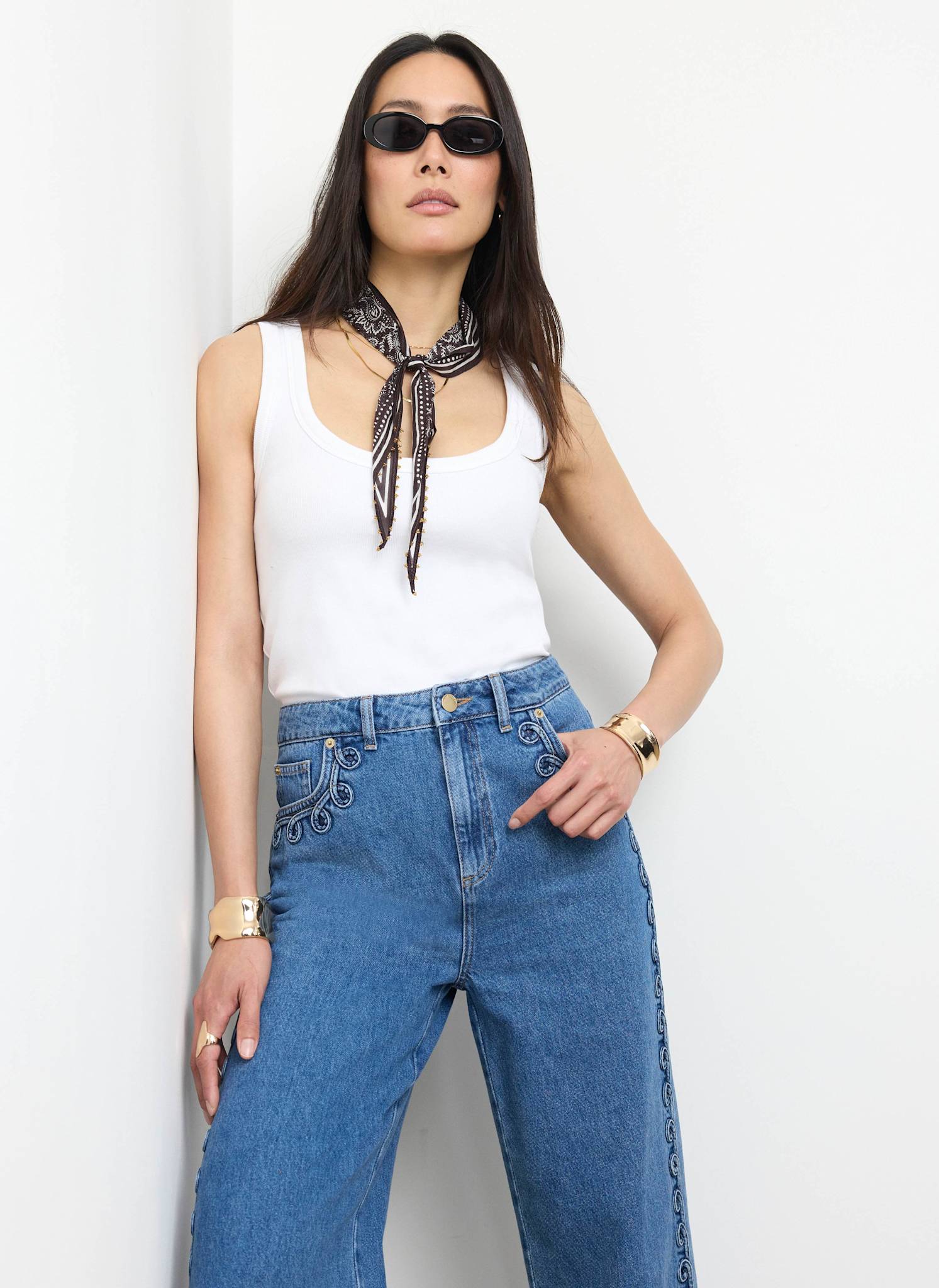 Mid Indigo Swirl Detail Wide Jeans