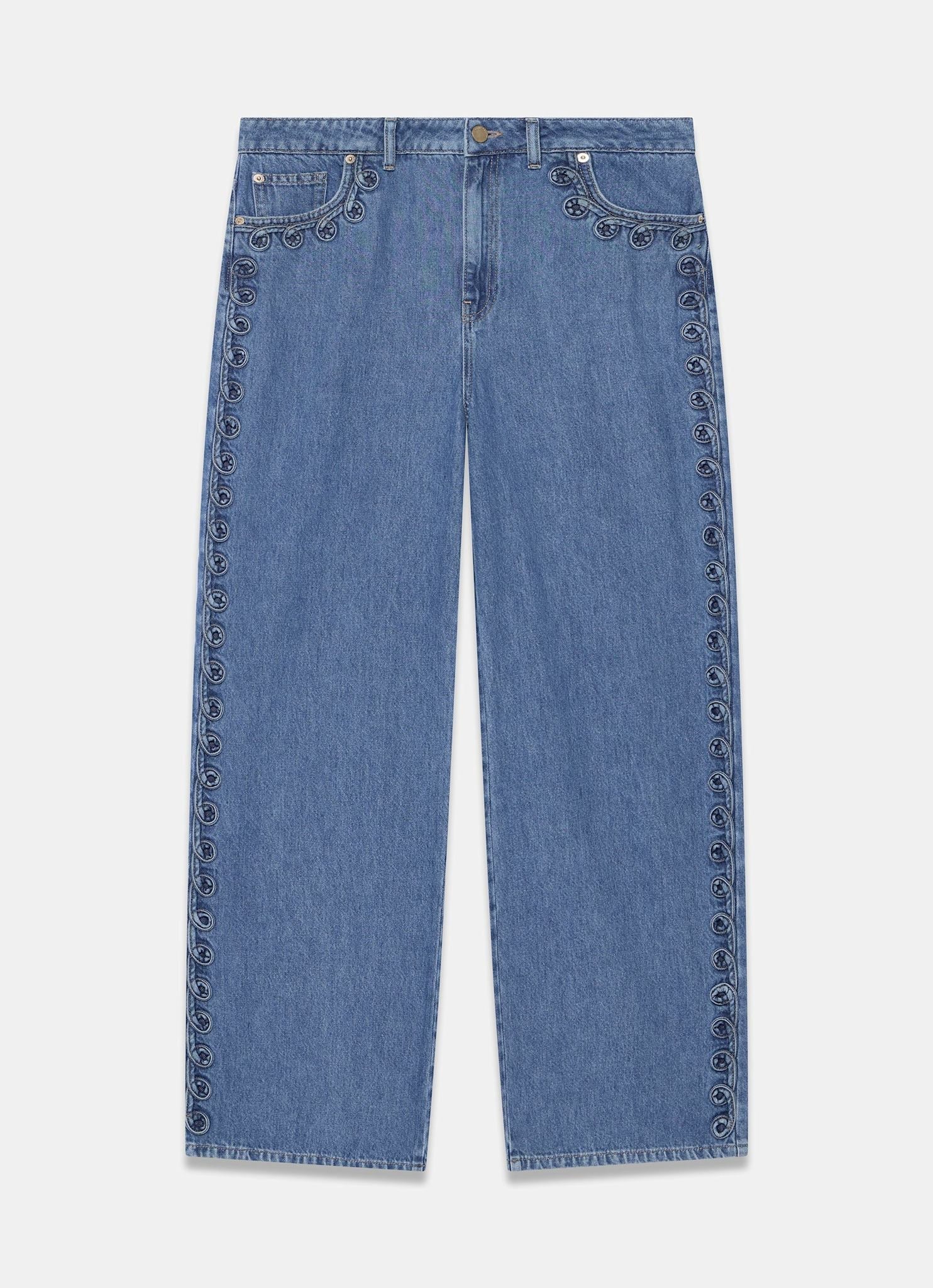 Mid Indigo Swirl Detail Wide Jeans