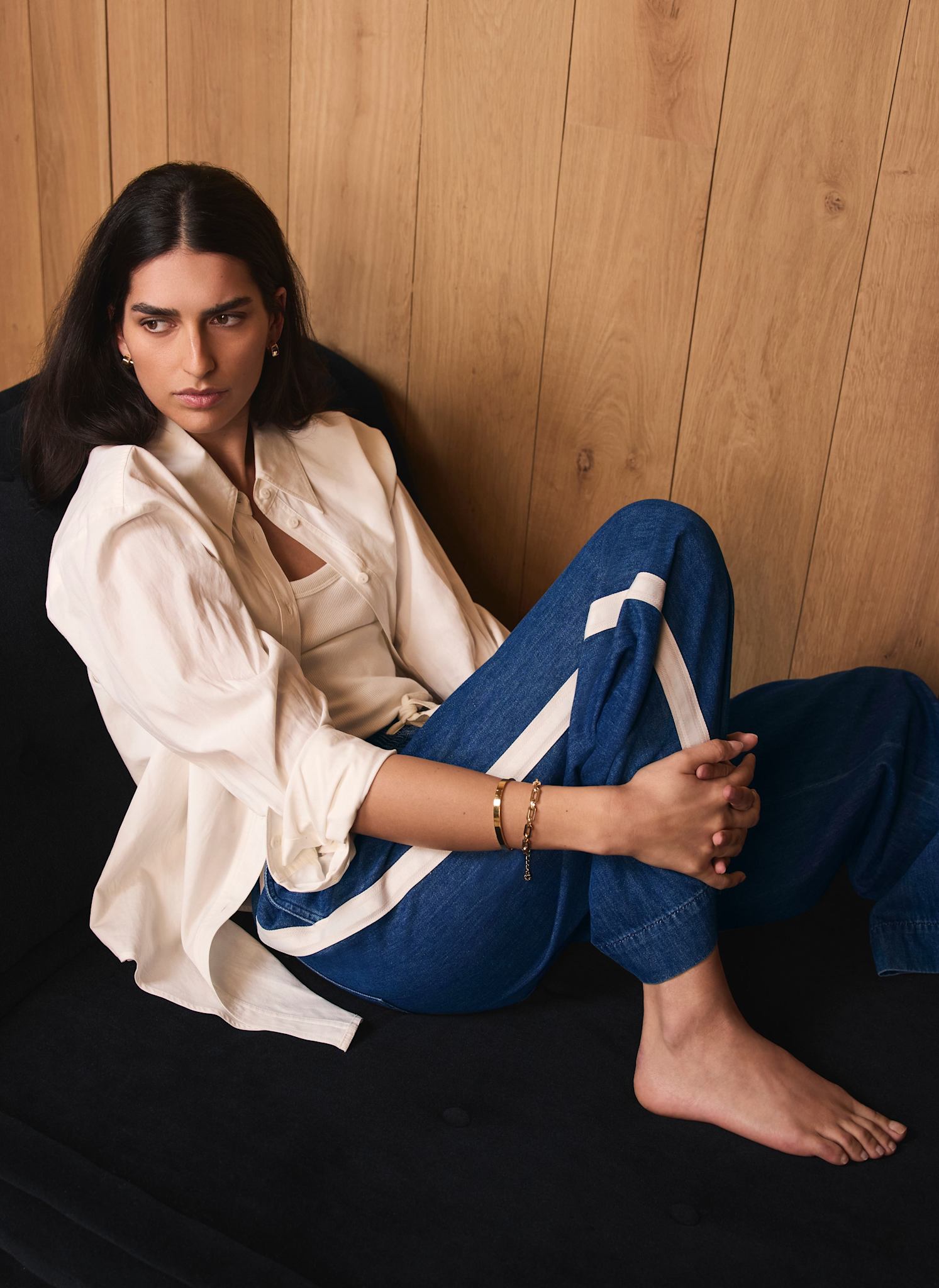 Indigo Tie Waist Side Stripe Wide Jeans