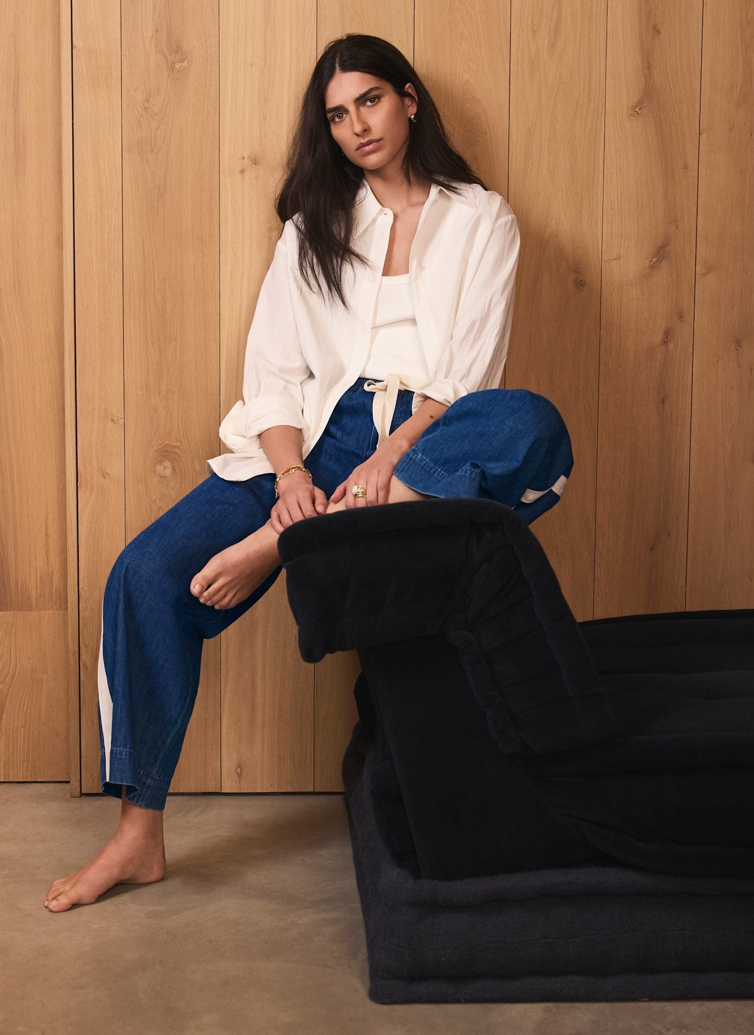 Indigo Tie Waist Side Stripe Wide Jeans