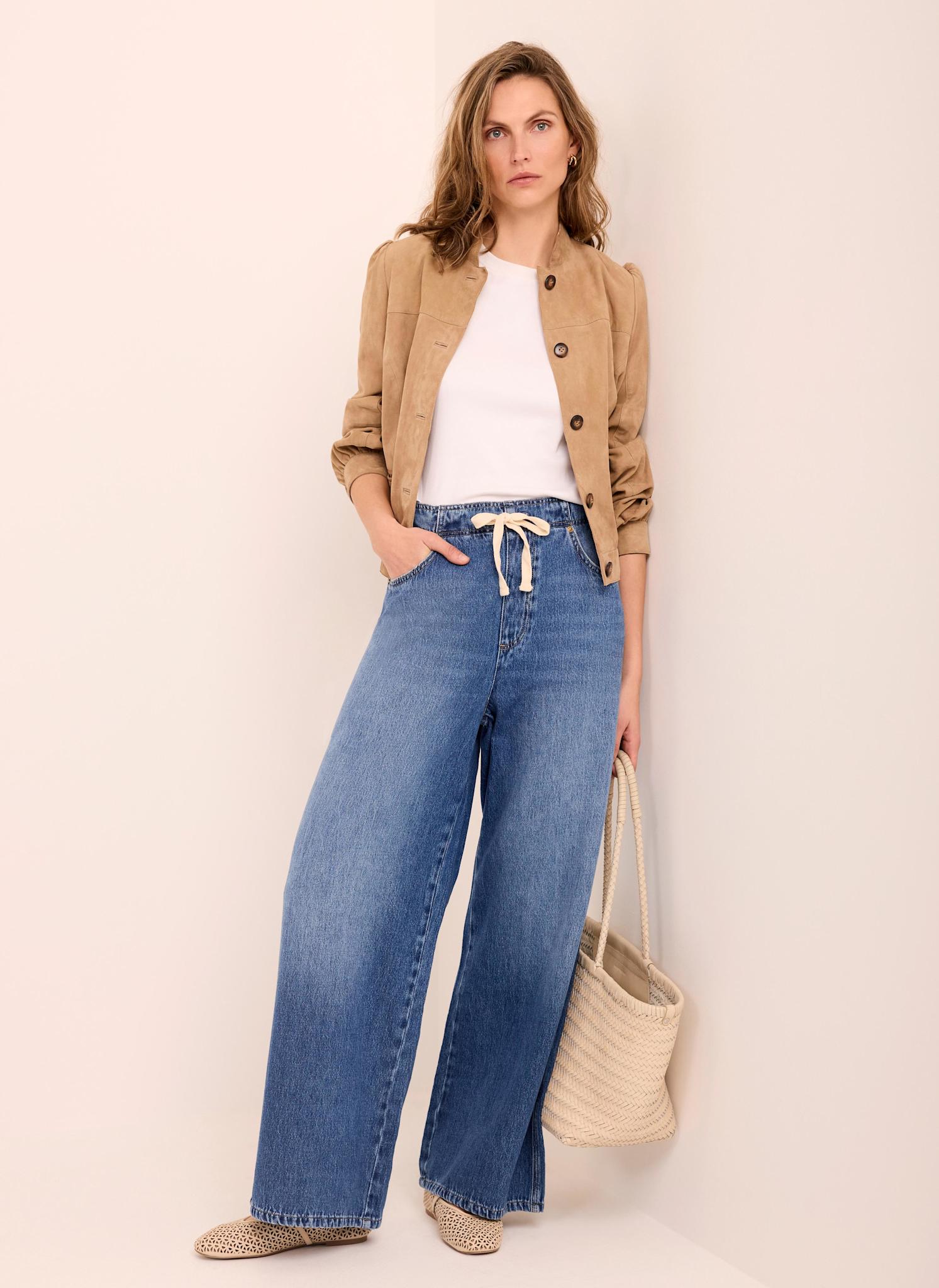 Mid Indigo Tie Waist Wide Leg Jeans