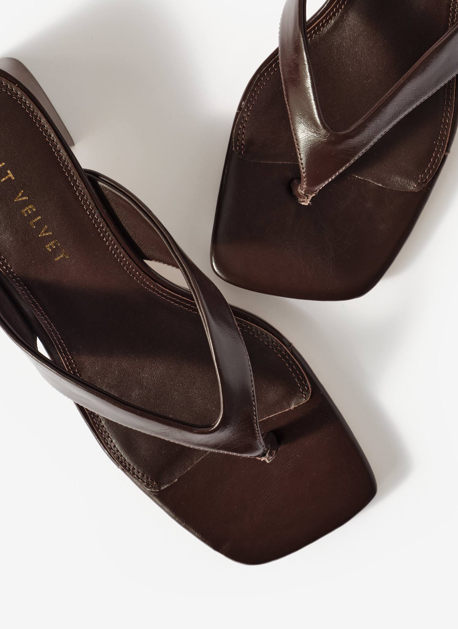 Millie Brown Leather Block Flip Flop Heels