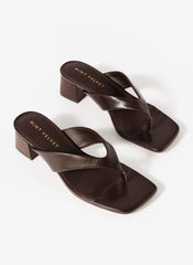 Millie Brown Leather Block Flip Flop Heels