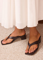 Millie Brown Leather Block Flip Flop Heels