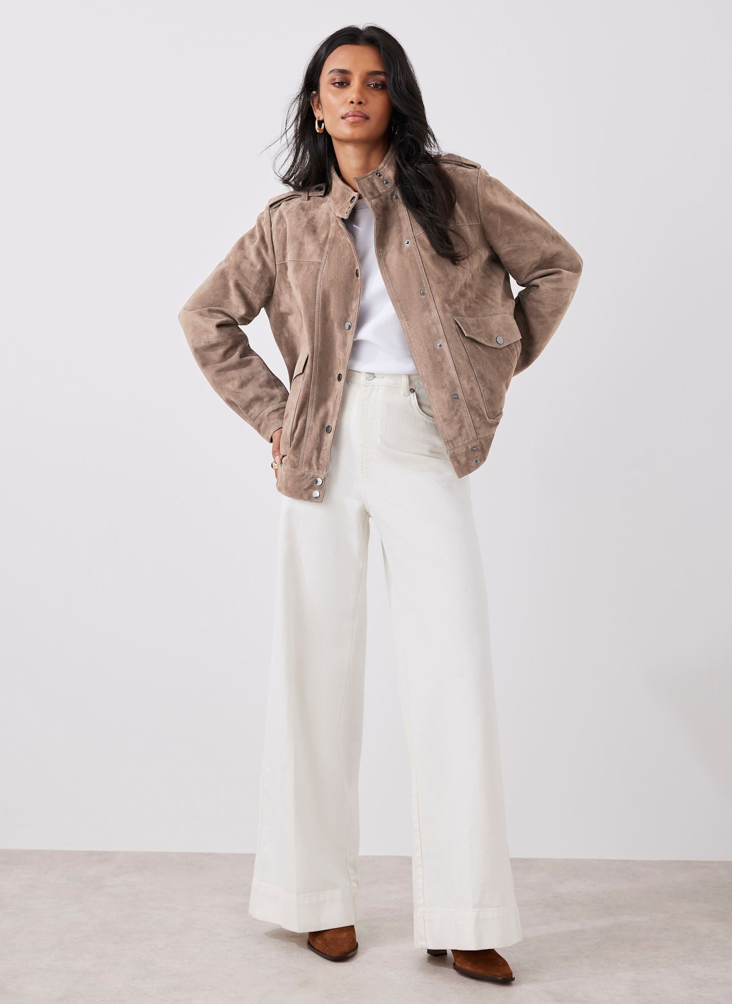 Neutral Suede Pilot Bomber Jacket