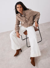 Neutral Suede Pilot Bomber Jacket