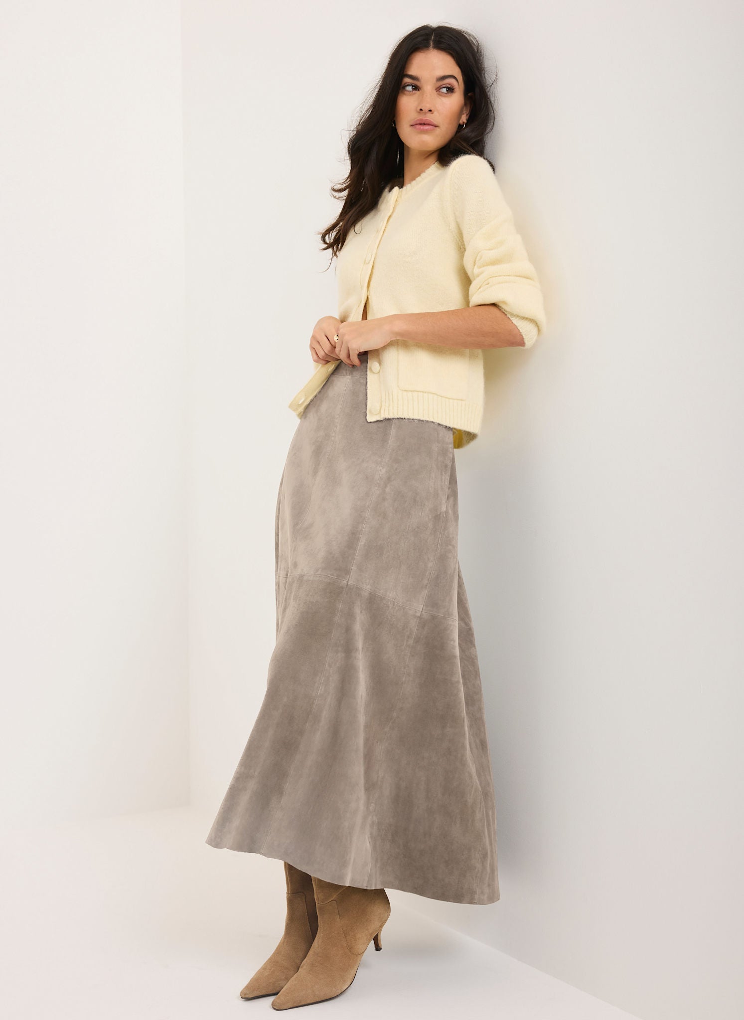 Brown Suede Full Midi Skirt