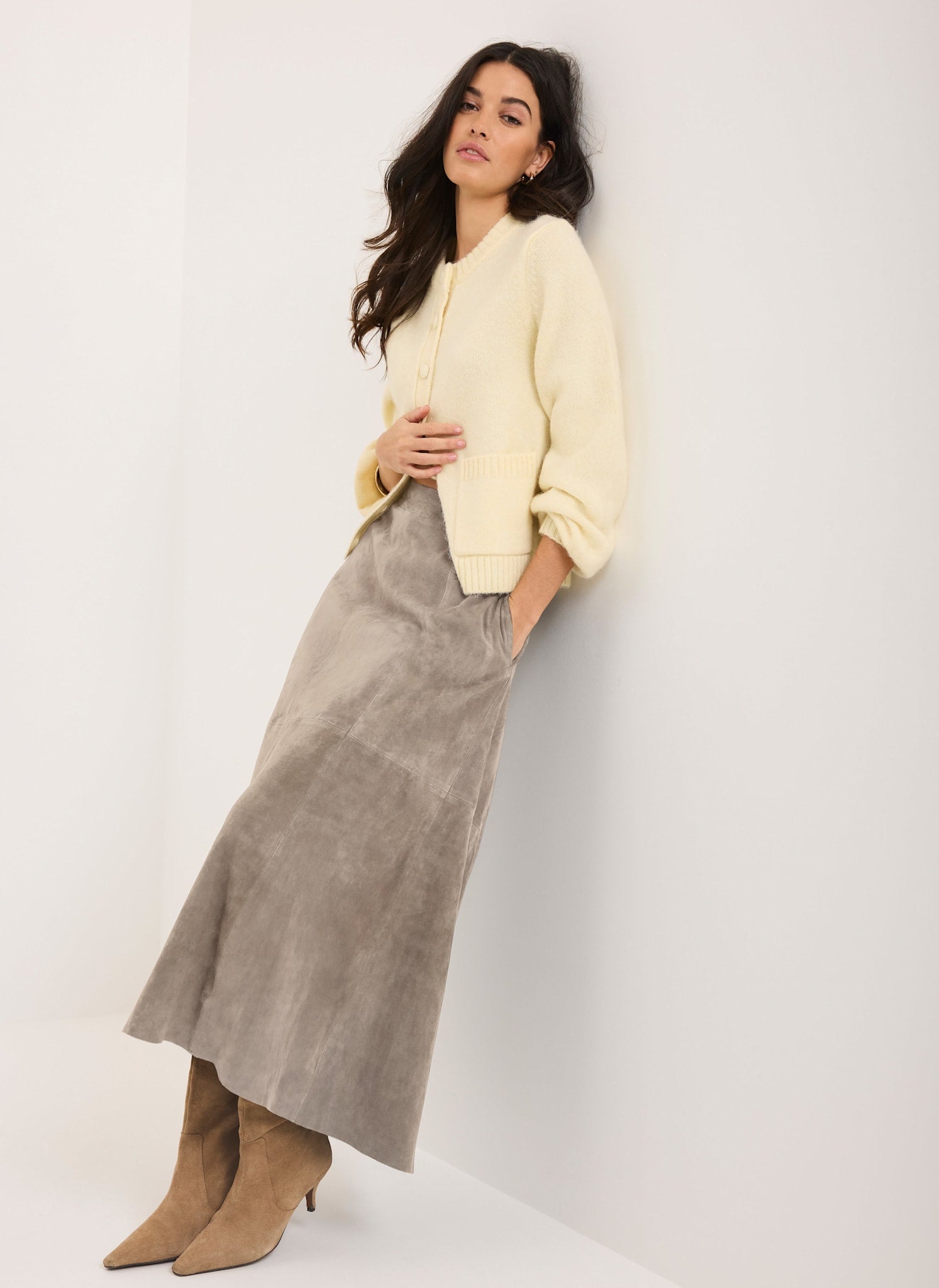 Brown Suede Full Midi Skirt