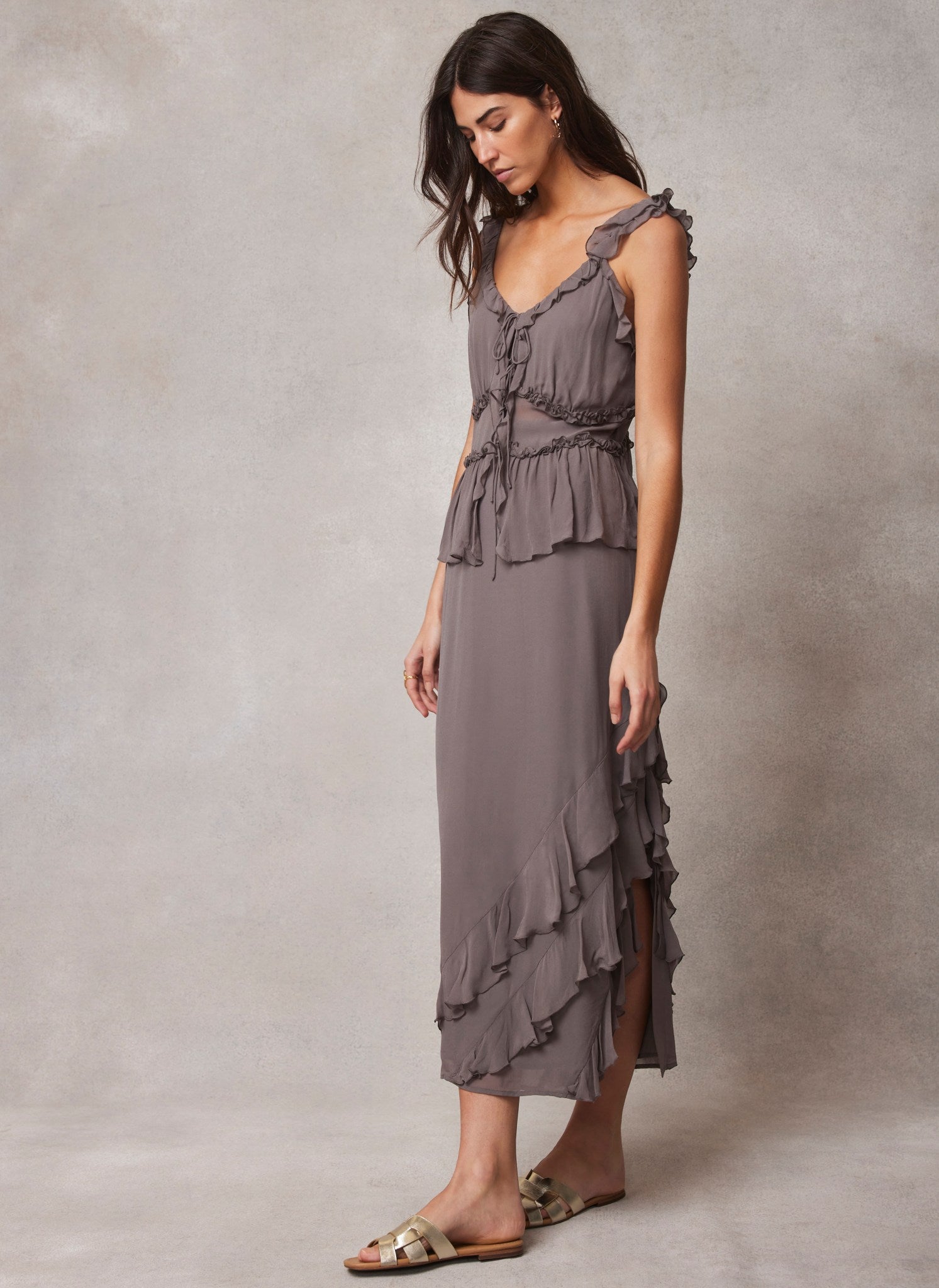 Brown Ruffle Maxi Skirt