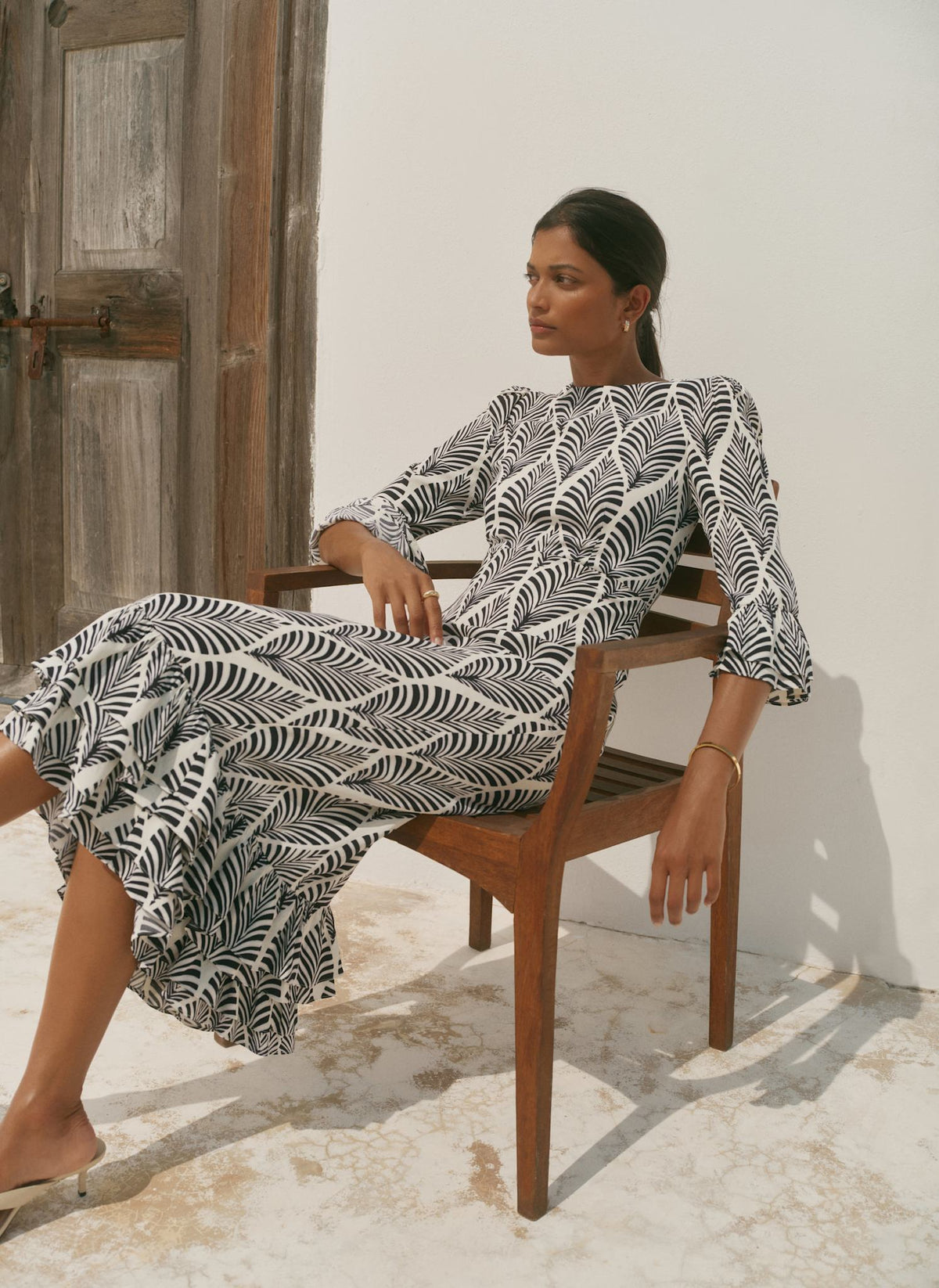 Navy Leaf Print Ruffle Detail Midi Dress