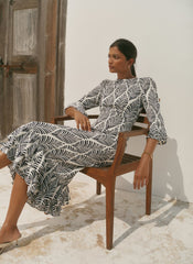 Navy Leaf Print Ruffle Detail Midi Dress
