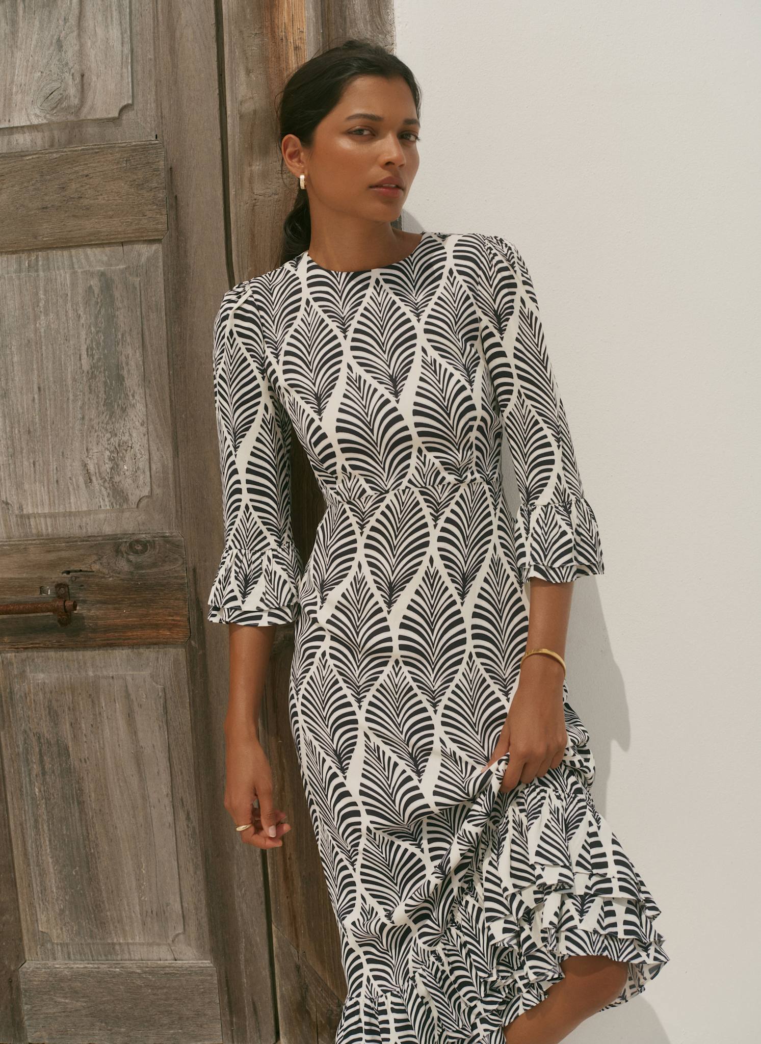 Navy Leaf Print Ruffle Detail Midi Dress