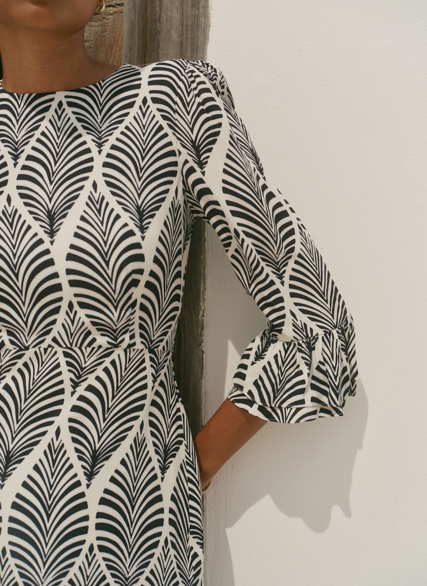 Navy Leaf Print Ruffle Detail Midi Dress