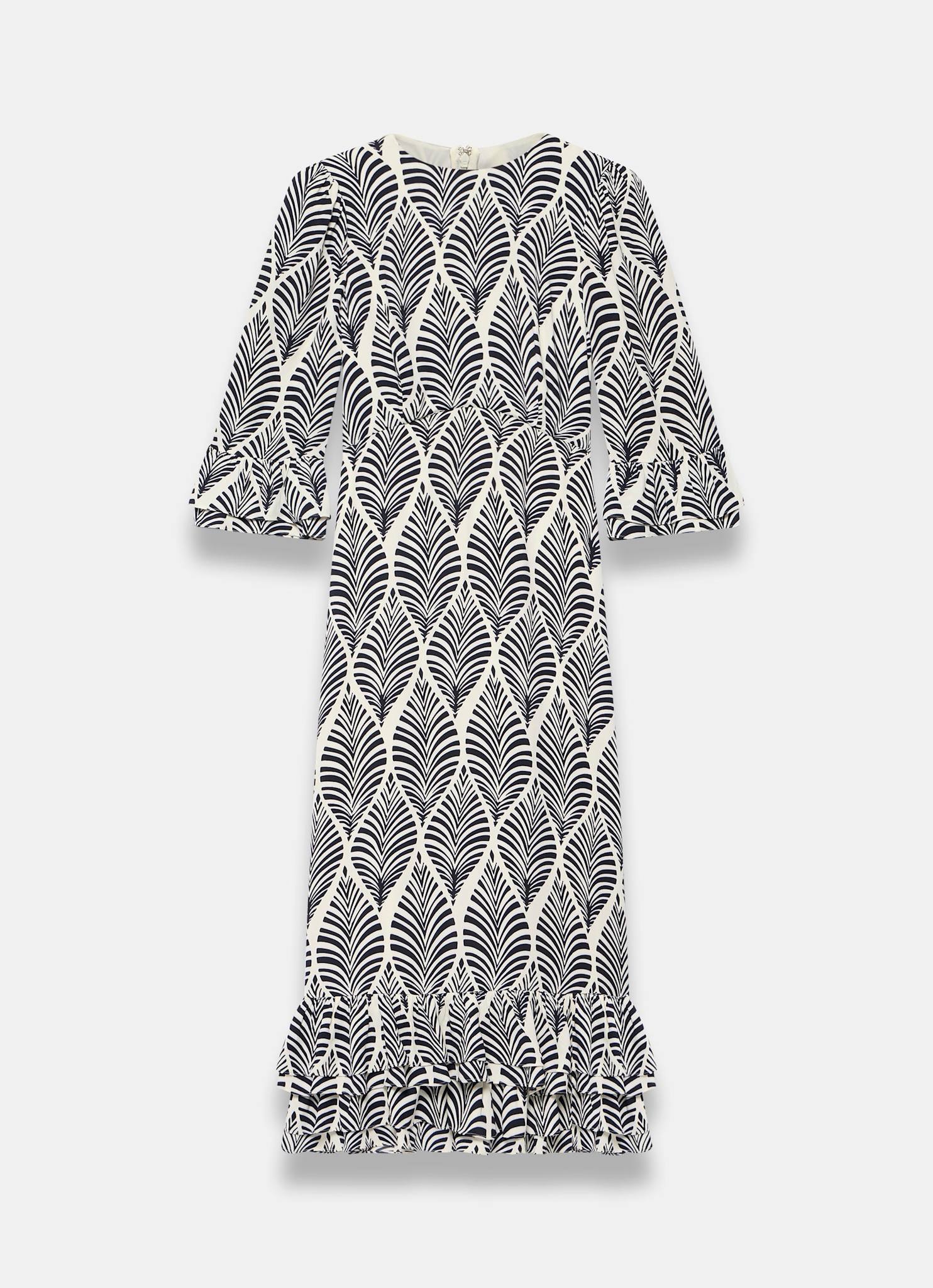 Navy Leaf Print Ruffle Detail Midi Dress