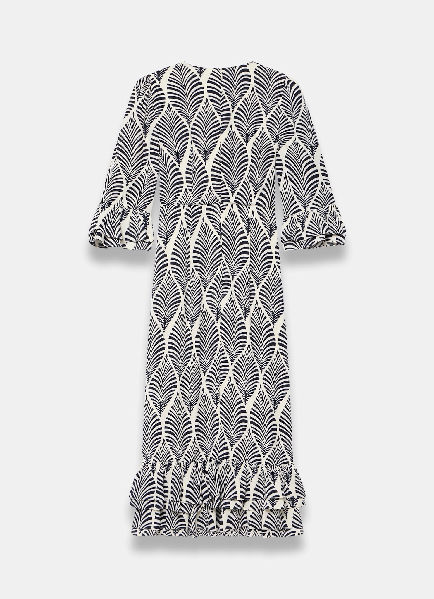 Navy Leaf Print Ruffle Detail Midi Dress