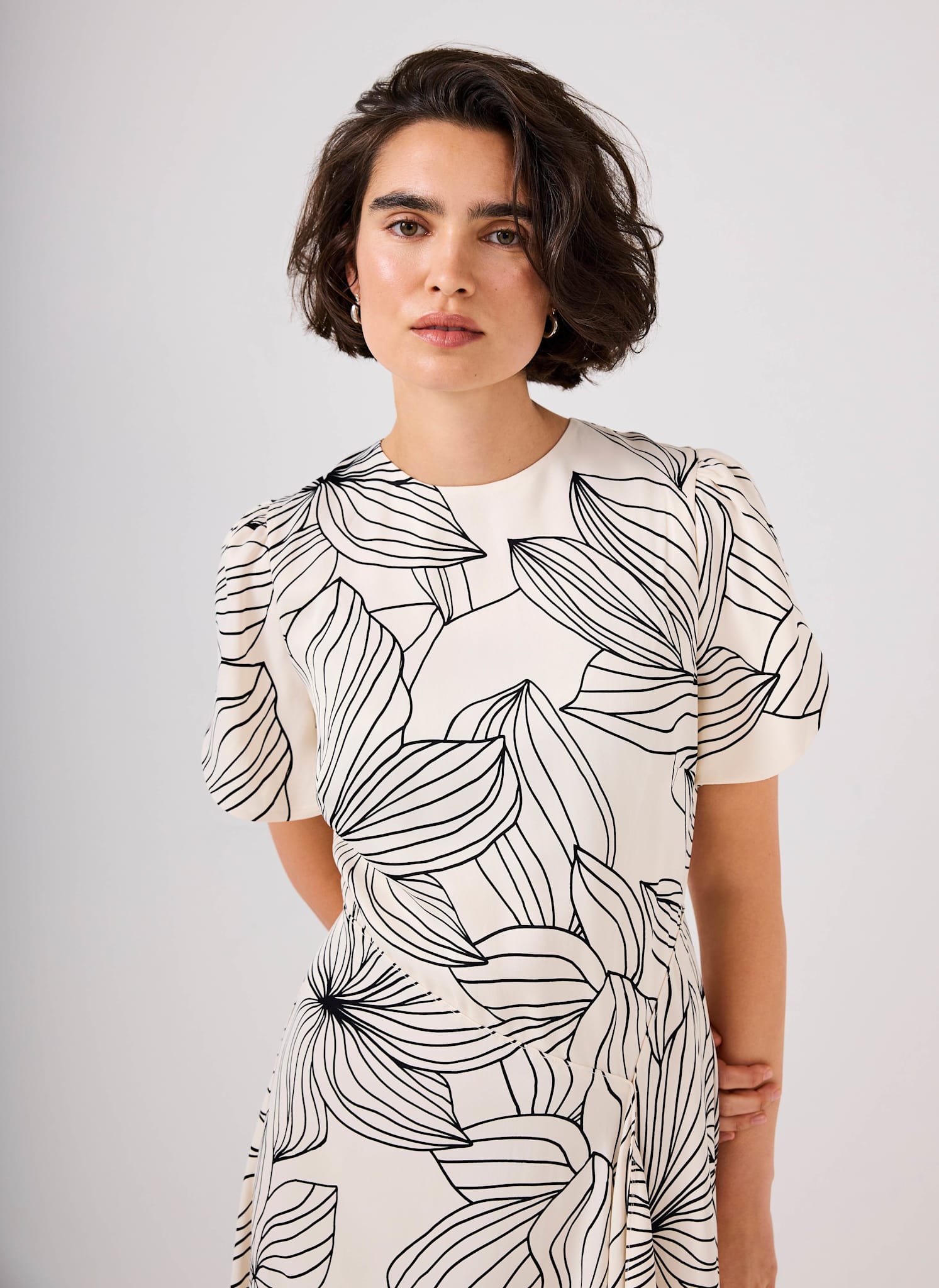 Cream Floral Print Satin Midi Dress