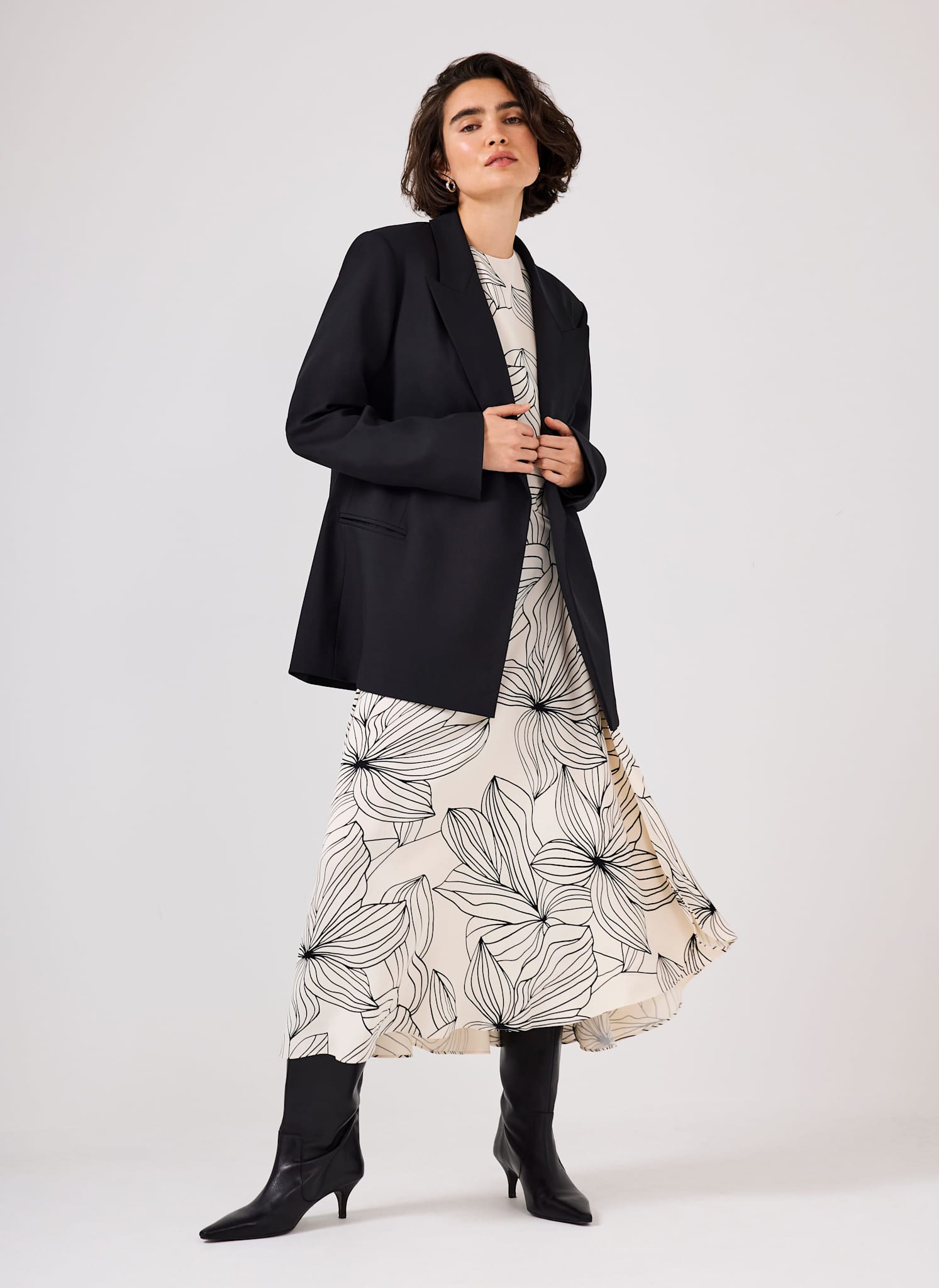 Cream Floral Print Satin Midi Dress