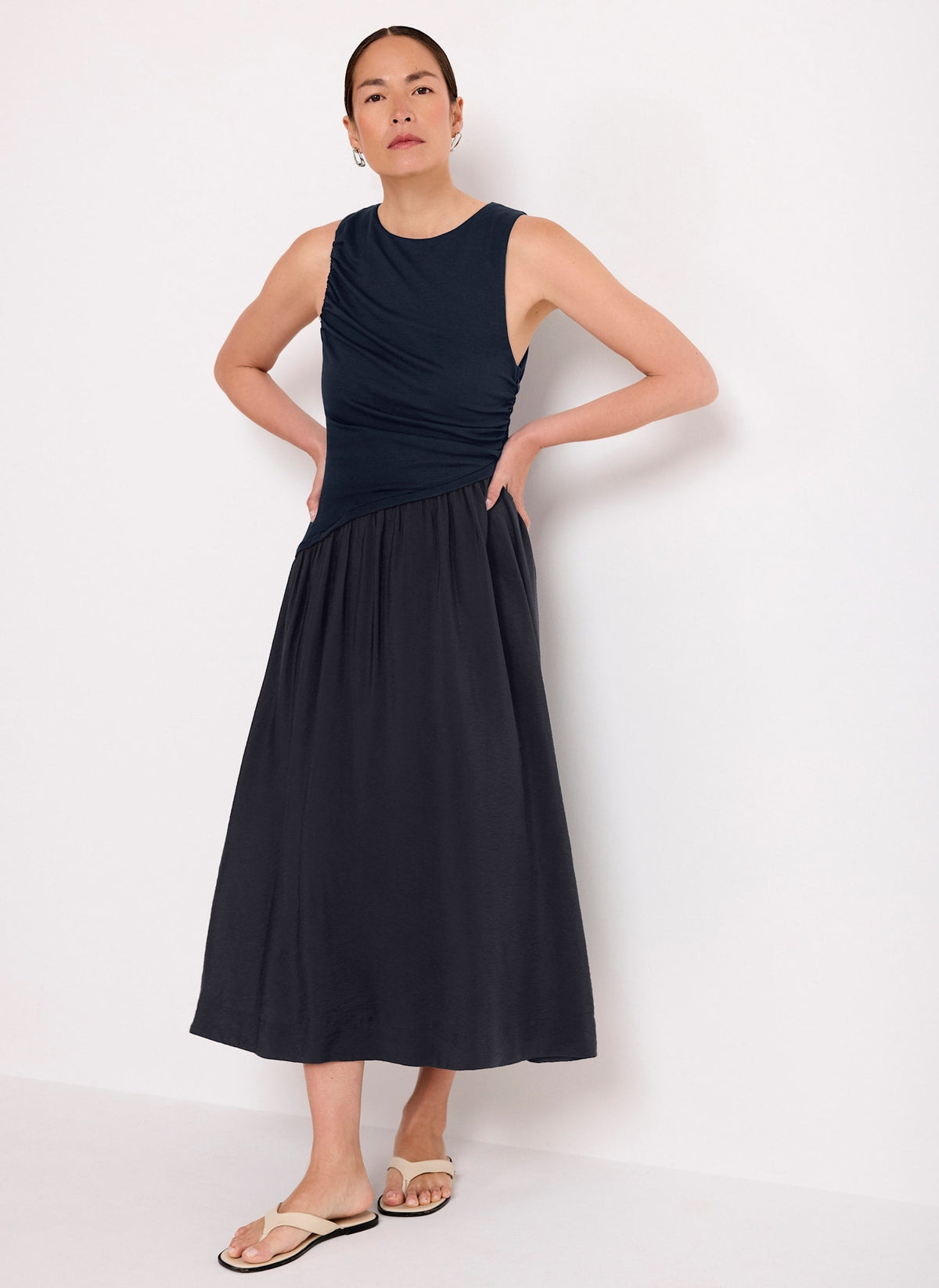 Navy Asymmetric Waist Midi Dress
