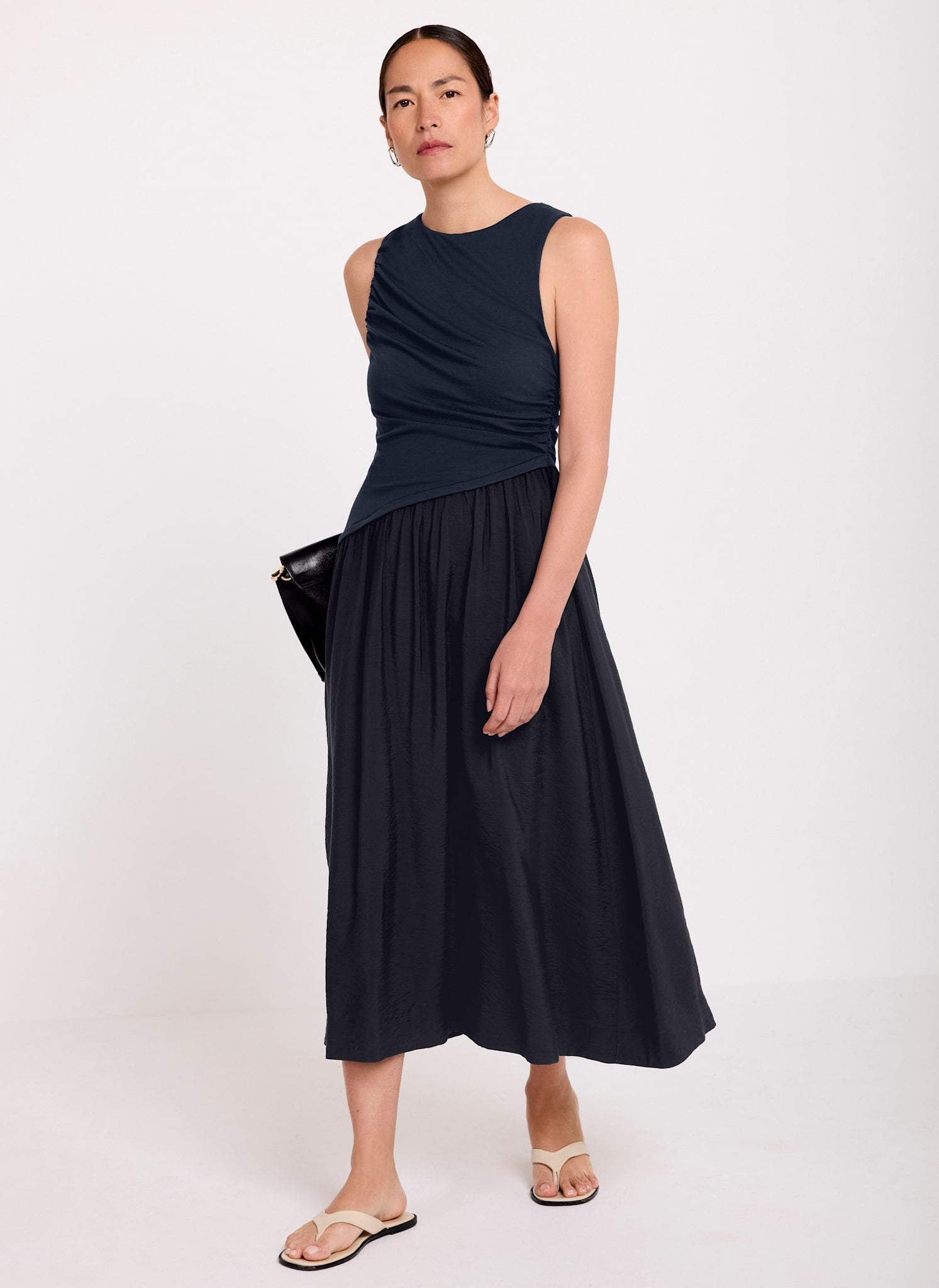 Navy Asymmetric Waist Midi Dress