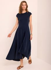 Navy Jersey Asymmetric Midi Dress
