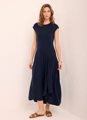 Navy Jersey Asymmetric Midi Dress
