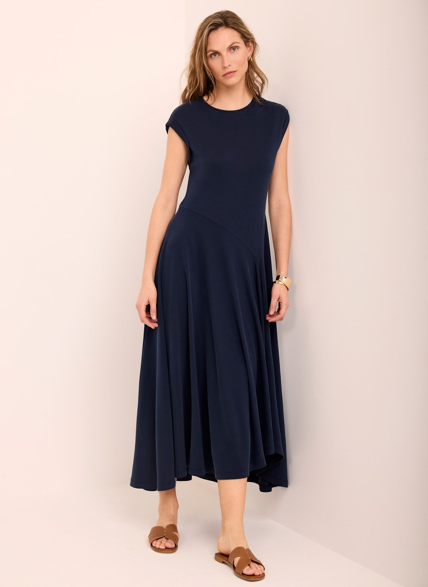 Navy Jersey Asymmetric Midi Dress