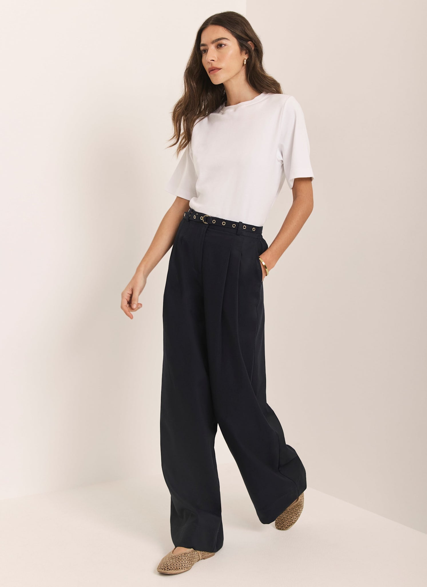 Navy Belt Wide Leg Trouser