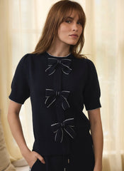 Navy Bow Detail Knit Top