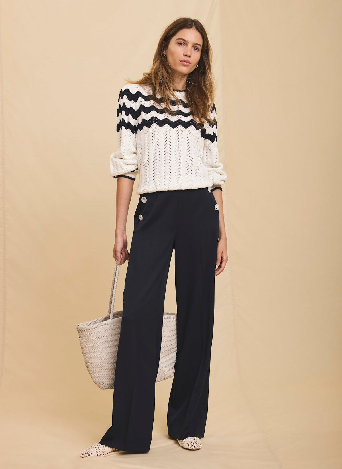 Navy Button Front Wide Trousers