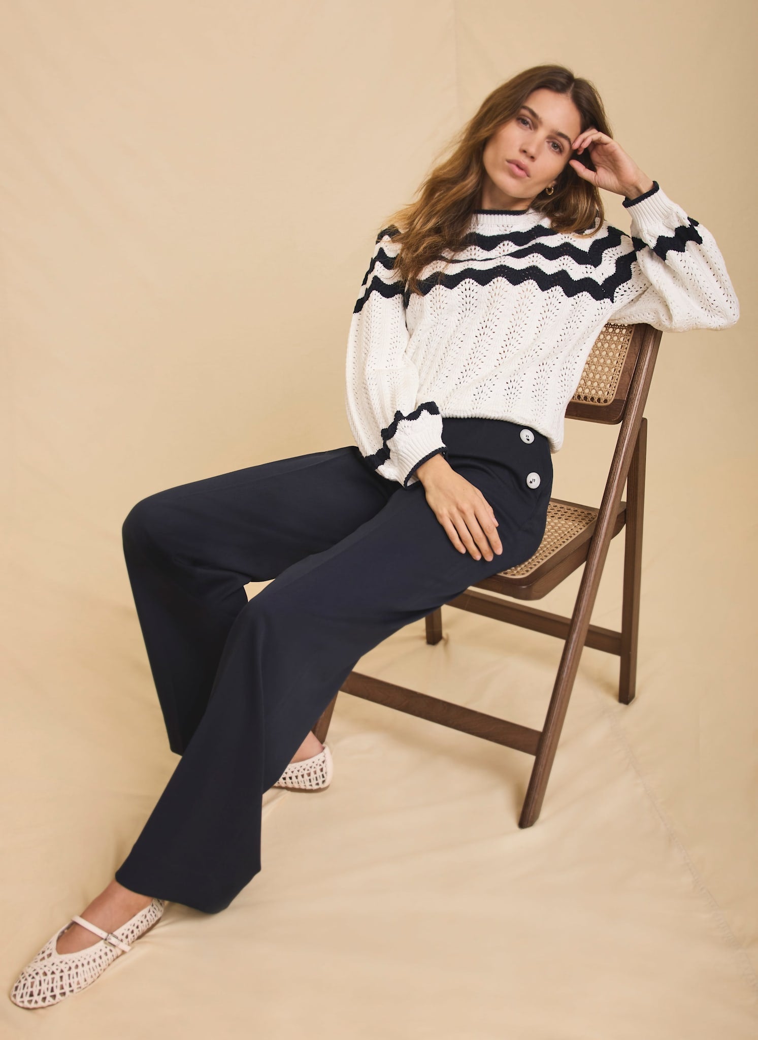 Navy Button Front Wide Trousers