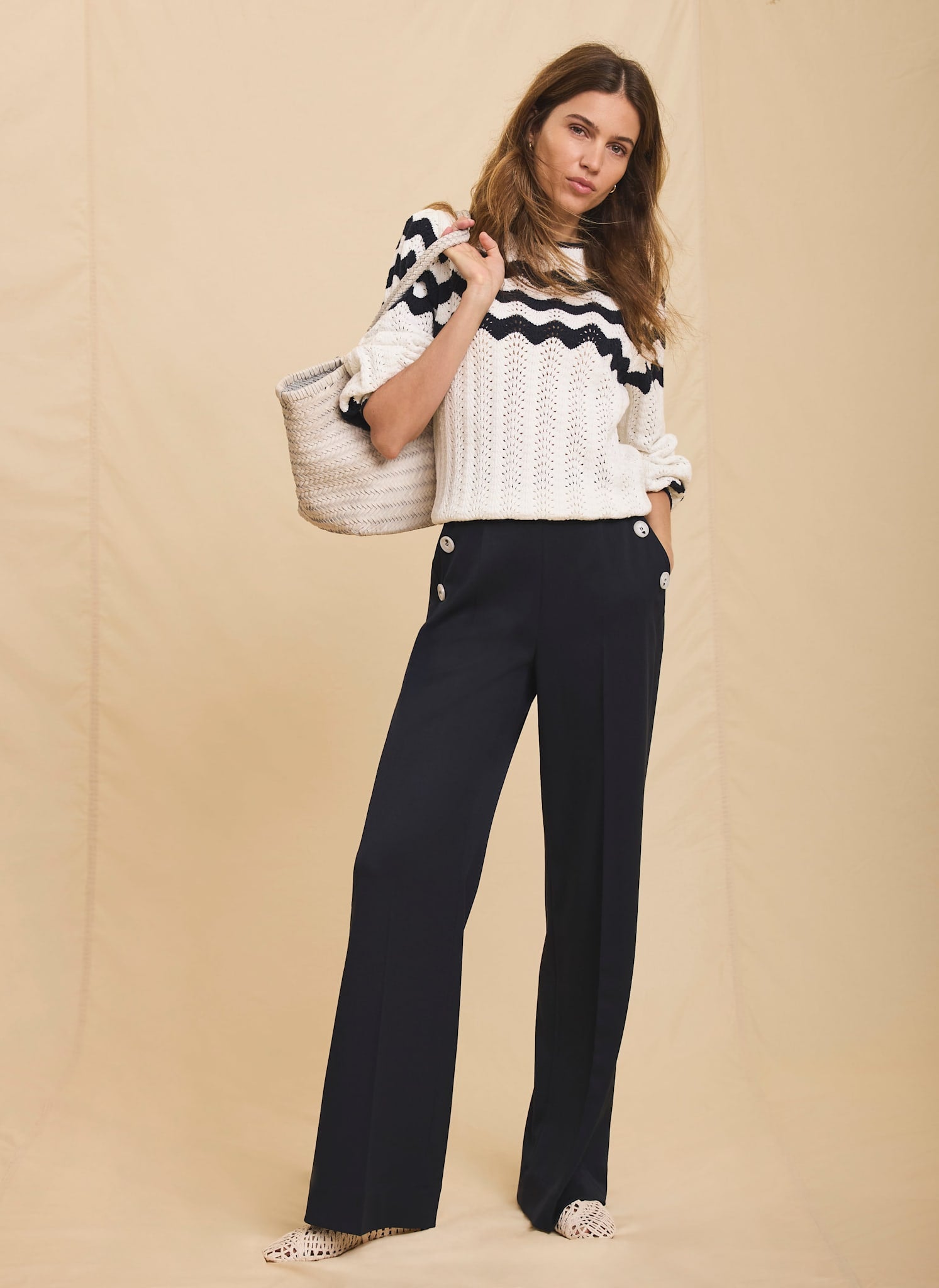 Navy Button Front Wide Trousers