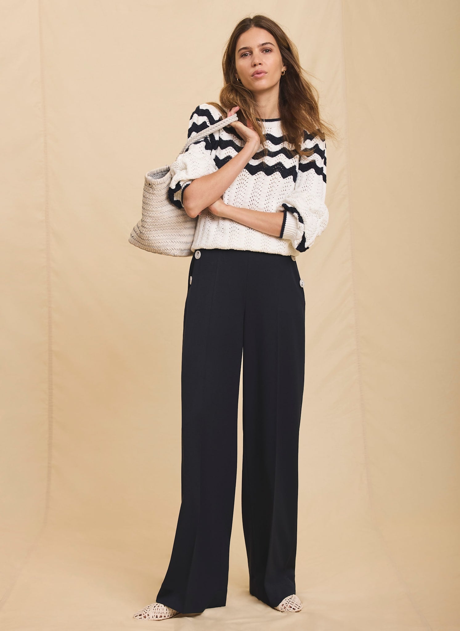 Navy Button Front Wide Trousers