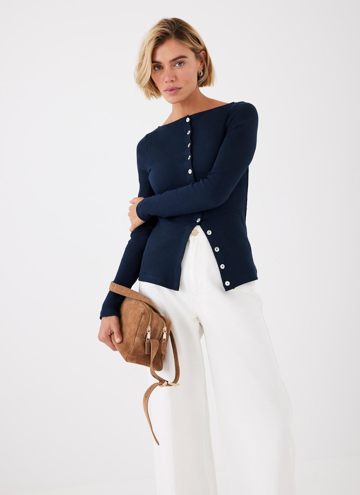 Navy Cotton Blend Button Detail Top