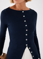 Navy Cotton Blend Button Detail Top