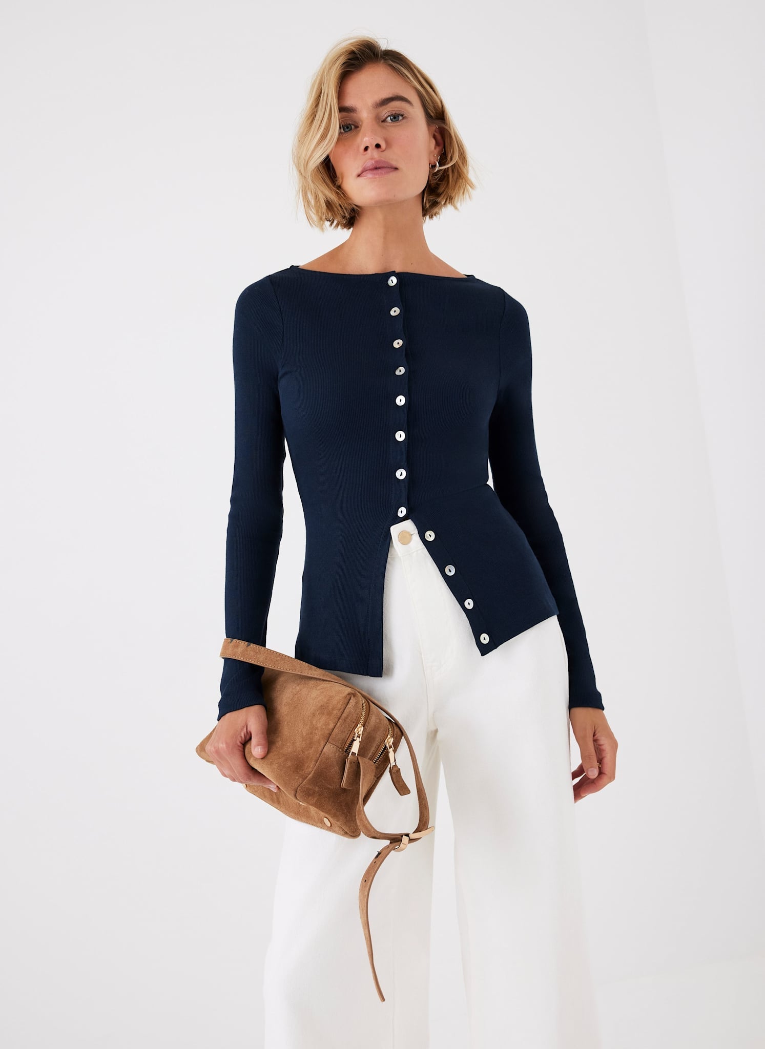 Navy Cotton Blend Button Detail Top
