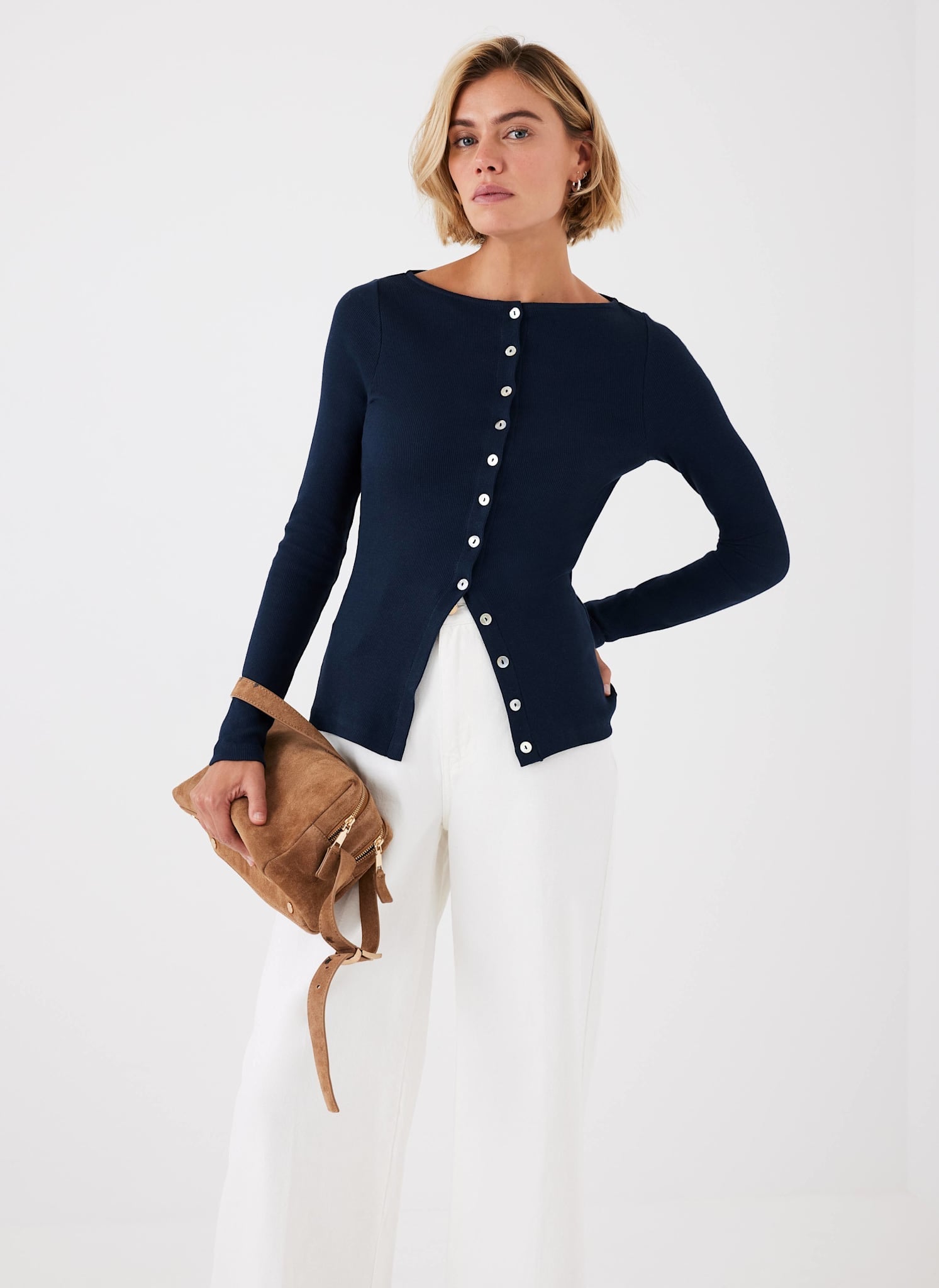 Navy Cotton Blend Button Detail Top