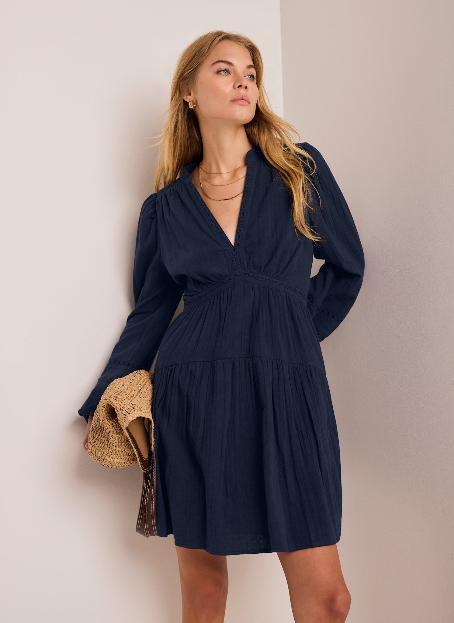 Navy Cotton Cheesecloth Mini Dress