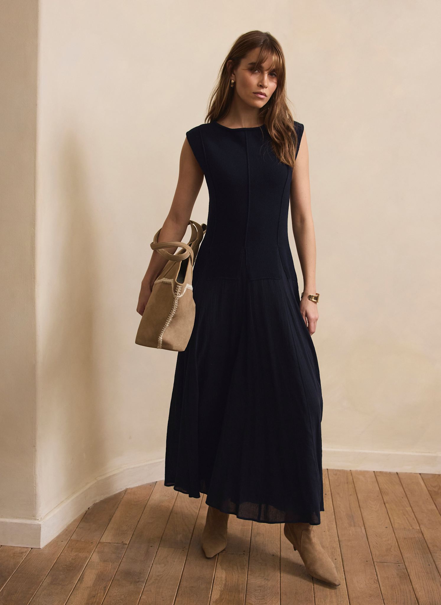 Navy Cotton Blend Drop Waist Maxi Dress