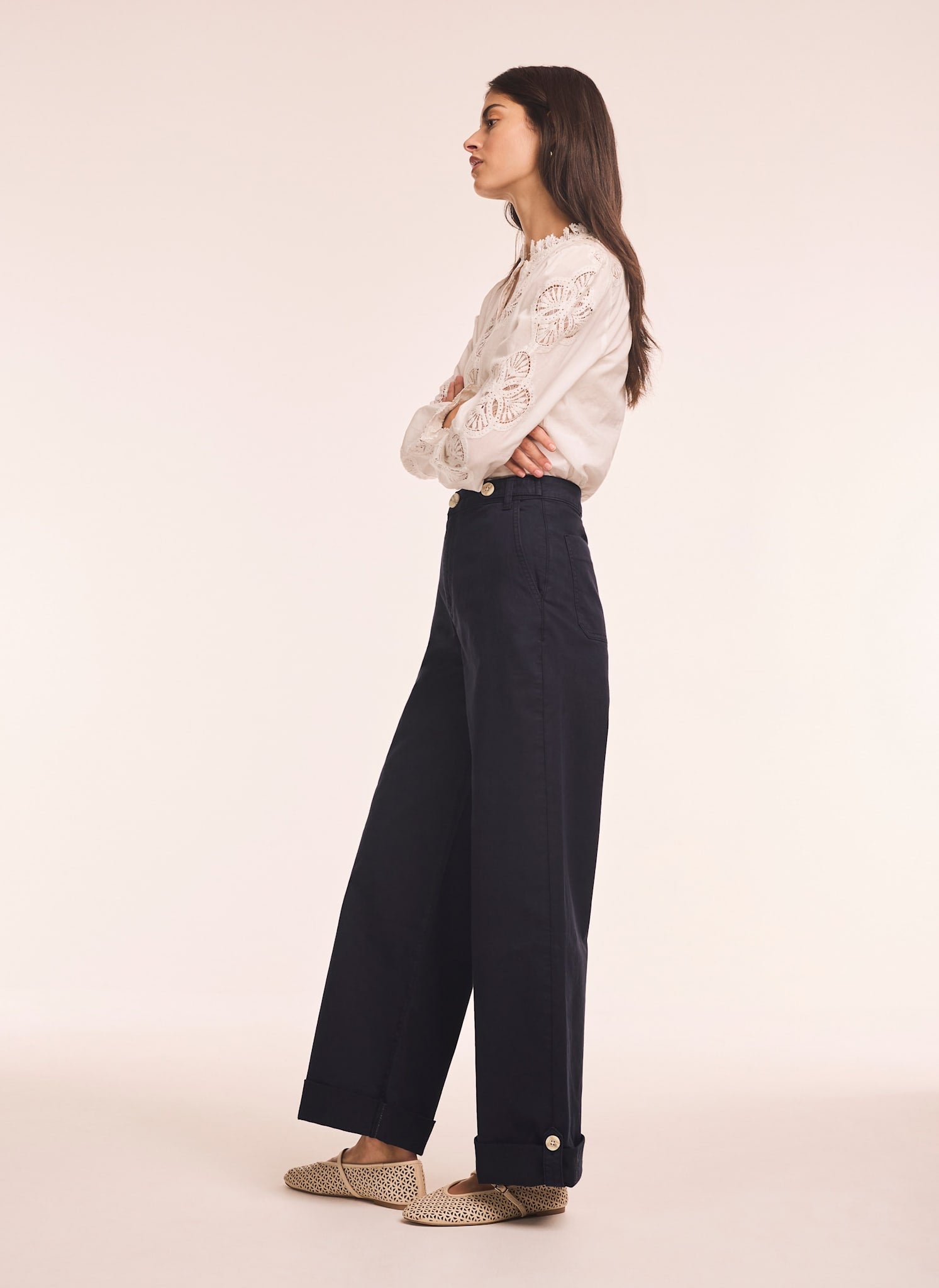 Navy Cropped Wide Chino Trousers