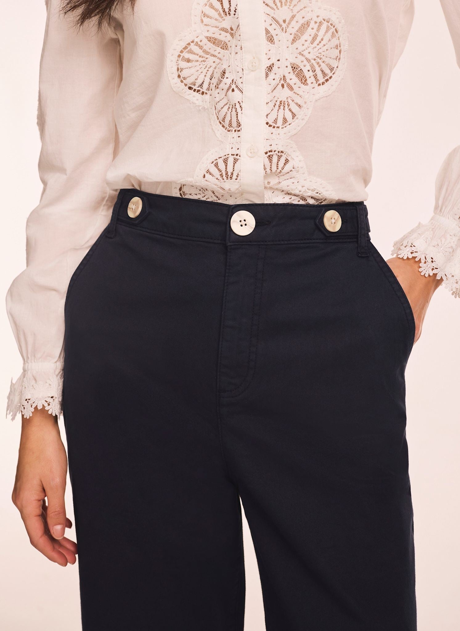 Navy Cropped Wide Chino Trousers