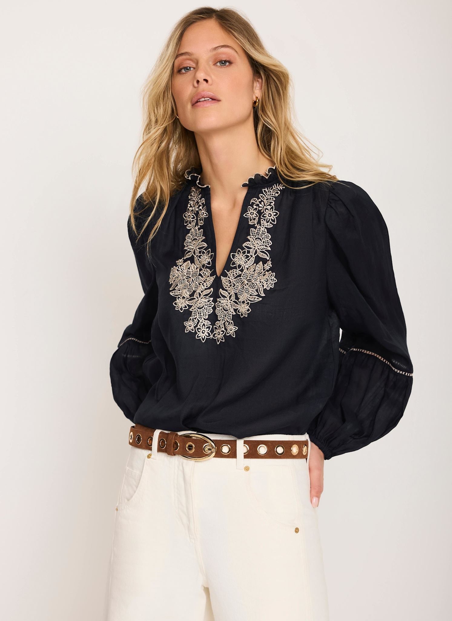 Navy Embroidered Detail Blouse