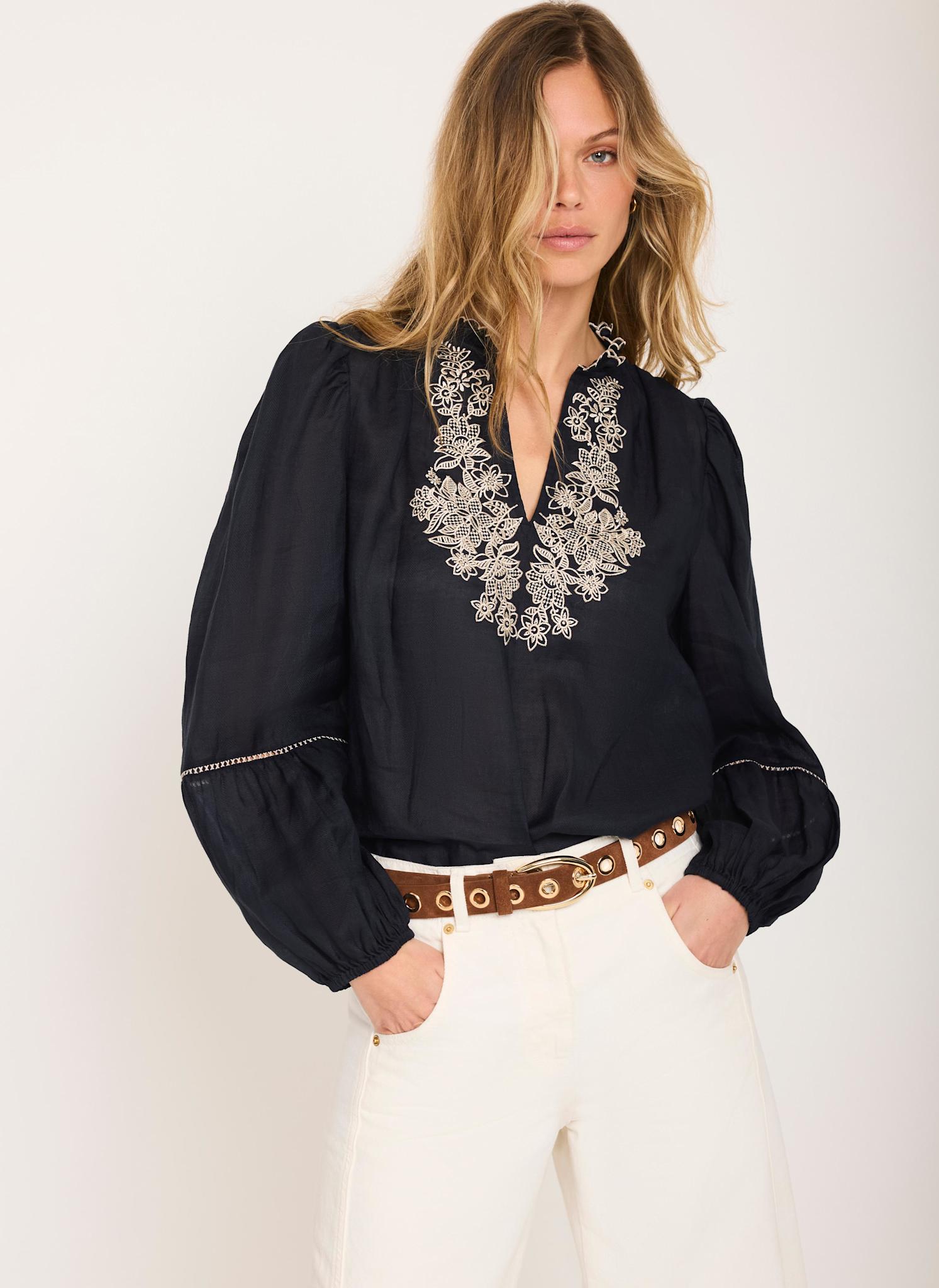 Navy Embroidered Detail Blouse