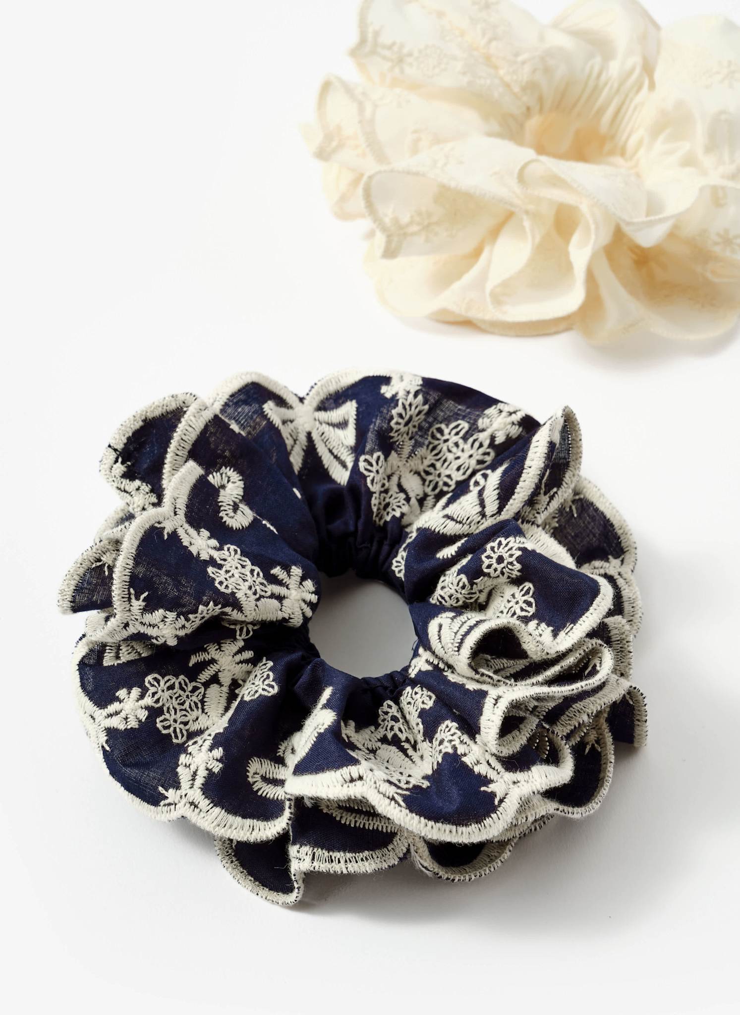 Navy Cotton Embroidered Scrunchie